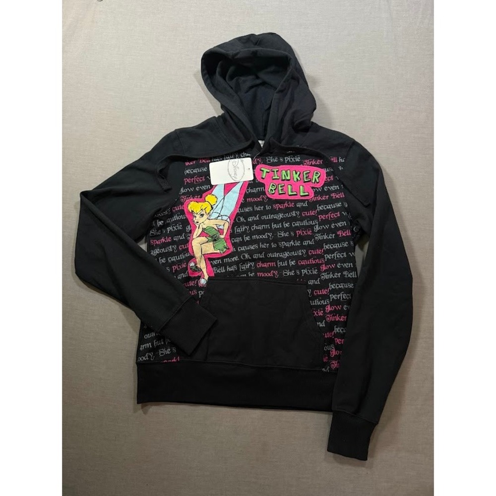 Disney Tinker Bell Hoodie Black Graphic Print Hoodie‎ Womens Size L Long Sleeve.